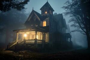Foto av en skrämmande hus i en mystisk skog. halloween begrepp. generativ ai