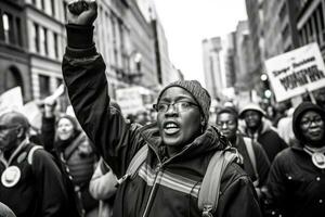 en kraftfull skott av en protest Mars för en social orsak. generativ ai foto