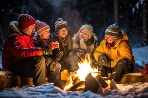 en Foto av en familj samlade in runt om en sprakande bål i de snö, rostning marshmallows och njuter varm kakao. generativ ai