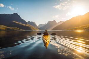 en Foto av en kayaker paddling genom en lugn berg sjö. generativ ai