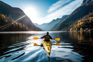 en Foto av en kayaker paddling genom en lugn berg sjö. generativ ai