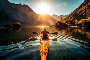 en Foto av en kayaker paddling genom en lugn berg sjö. generativ ai