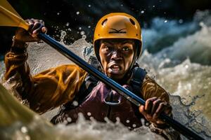 ett spännande ögonblick av en kayaker navigerande genom snabb - rör på sig fors i en flod. generativ ai foto