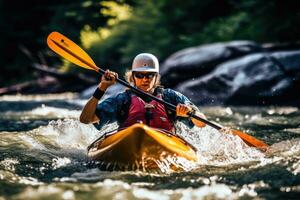 ett spännande ögonblick av en kayaker navigerande genom snabb - rör på sig fors i en flod. generativ ai foto