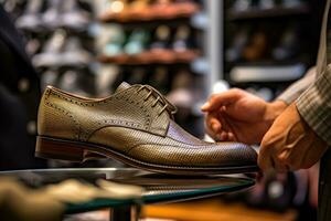 en stänga - upp skott av en man påfrestande på en par av eleganta skor i en boutique. generativ ai foto