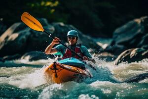 ett spännande ögonblick av en kayaker navigerande genom snabb - rör på sig fors i en flod. generativ ai foto