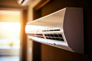 ett bild av en modern luft konditionering enhet installerad på en vägg. generativ ai foto