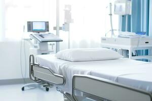 en stänga - upp skott av en sjukhus säng med knaprig, vit säng ark och ordentligt anordnad medicinsk Utrustning. generativ ai foto