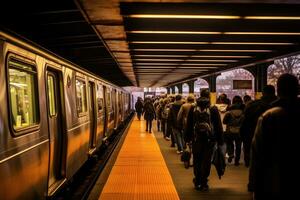 bred - vinkel skott av en fullt med folk tunnelbana station under rusa timme, highlighting de effektivitet och kapacitet av offentlig transport. generativ ai foto