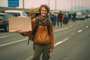 en Foto av en backpacker innehav en tecken med de namn av deras önskad destination, stående på en upptagen motorväg korsning. generativ ai