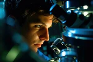 en stänga - upp skott av en forskare peering genom en mikroskop. generativ ai foto
