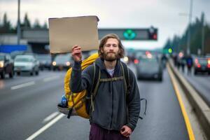 en Foto av en backpacker innehav en tecken med de namn av deras önskad destination, stående på en upptagen motorväg korsning. generativ ai