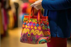 en stänga - upp skott av en person innehav en handla väska med vibrerande färger och mönster. generativ ai foto