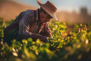 Foto av en hårt arbetande bruka arbetare i en solbelyst fält, skötsel till de gröda. generativ ai