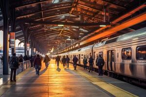 en bred - vinkel skott av en upptagen tåg station plattform under topp timmar, betona de effektivitet och kapacitet av offentlig transport. generativ ai foto