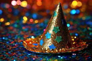 en stänga - upp skott av en ny år fest hatt med färgrik paljetter och en vibrerande tofs. generativ ai foto
