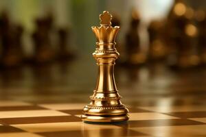 en stänga - upp skott av en guld drottning schack bit, stående självsäkert på en schackbräde. generativ ai foto