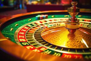 en stänga - upp skott av en roulett tabell i en kasino, highlighting de spinning hjul och färgrik vadhållning pommes frites. generativ ai foto