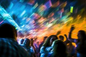 de vibrerande energi av en fullt med folk nattklubb med färgrik lampor och pulserande musik. rörelse fläck, highlighting de dynamisk dansa rör sig av de skön flickor och killar. generativ ai foto