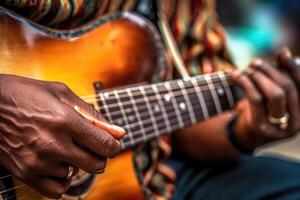 en slående stänga - upp skott av en gata musikers händer passionerat spelar de gitarr. generativ ai foto