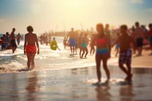 suddig ur fokus Foto av en sommar strand full av människor. generativ ai