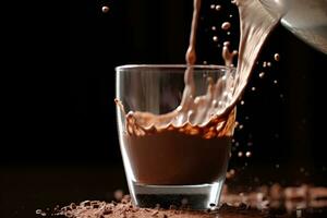en stänga - upp skott av en sked av choklad sirap varelse duggregnat in i en glas av mjölk, skapande en virvla runt av choklad i de luft. generativ ai foto