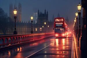 stänga - upp skott, charm av London på natt som en röd dubbel- - däck buss graciöst går över. generativ ai foto