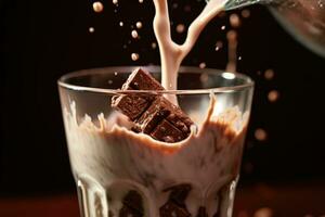 en stänga - upp skott av en sked av choklad sirap varelse duggregnat in i en glas av mjölk, skapande en virvla runt av choklad i de luft. generativ ai foto
