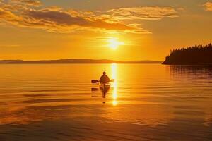 en lugn och gyllene solnedgång Kajakpaddling erfarenhet. generativ ai foto