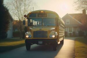 ett atmosfärisk upprättande skott av en skola buss i de mjuk morgon- ljus. generativ ai foto