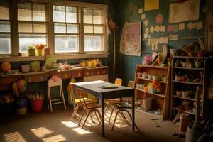 ett förtjusande och atmosfärisk miljö av en dagis klassrum. generativ ai foto