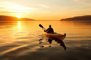 en lugn och gyllene solnedgång Kajakpaddling erfarenhet. generativ ai foto