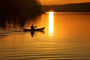 en lugn och gyllene solnedgång Kajakpaddling erfarenhet. generativ ai foto