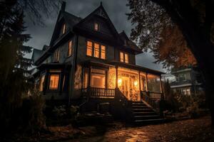 i detta halloween - tema Foto, de förebud atmosfär av en besatt hus. generativ ai foto