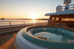 en stänga - upp Foto av de yachts jacuzzi, visa upp dess elegant design och inbjudande atmosfär. generativ ai