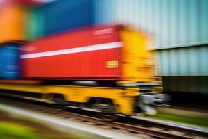 stänga - upp se av en frakt tåg med rörelse fläck, symboliserar de snabb och effektiv transport av varor. generativ ai foto