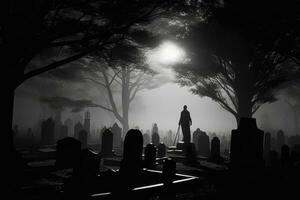 en stänga - upp fotografera skildrar en läskigt halloween scen i en mörk, månljus kyrkogård. generativ ai foto