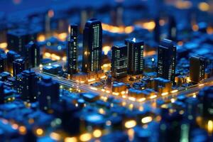 en miniatyr- stadsbild, sammansatt helt av krets styrelser och elektronisk komponenter. generativ ai foto