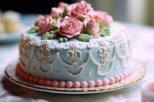 en vackert dekorerad kaka, dess glasyr i nyanser av bebis blå och rosa. generativ ai foto