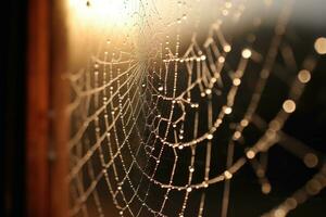 en dagg - spräcklig Spindel webb sträckt tvärs över de hörn av en rustik fönster ram, med de mjuk glöd av en full måne i de bakgrund. generativ ai foto