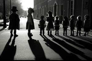 de silhuetter av barn i olika kostymer paradera på de gata. generativ ai foto