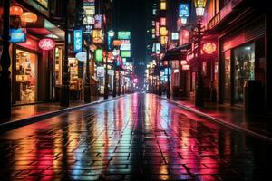 neon reflexion - regnig natt i en vibrerande tokyo gata. generativ ai foto