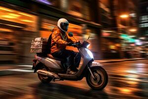 stänga - upp bild, en leverans man är ridning hans skoter motorcykel genom de stad gator på natt. generativ ai foto
