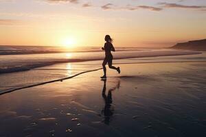 ett idrottare, löpning på ett isolerat strand på de ha sönder av gryning. generativ ai foto