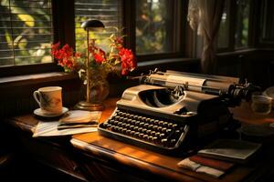 årgång skrivmaskin på en trä- skrivbord med skrynkliga papper runt om. generativ ai foto