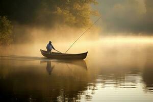 på en tyst, dimmig morgon, en fiskare kastar hans netto på en lugn sjö. generativ ai foto