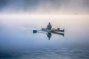 på en tyst, dimmig morgon, en fiskare kastar hans netto på en lugn sjö. generativ ai foto