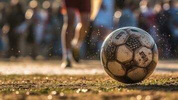 en fokuserade Foto av en boll i de luft under en ungdom fotboll team spel