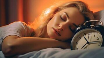 ung skön kvinna sovande i säng med larm klocka Nästa till henne foto