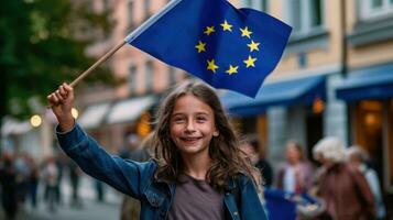 grupp av människor protesterar med europeisk union flagga foto